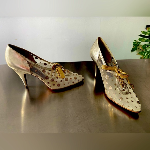 Stuart Weitzman Cinderella Mesh Gold leather shoes, Size 36.5 - Picture 1 of 5